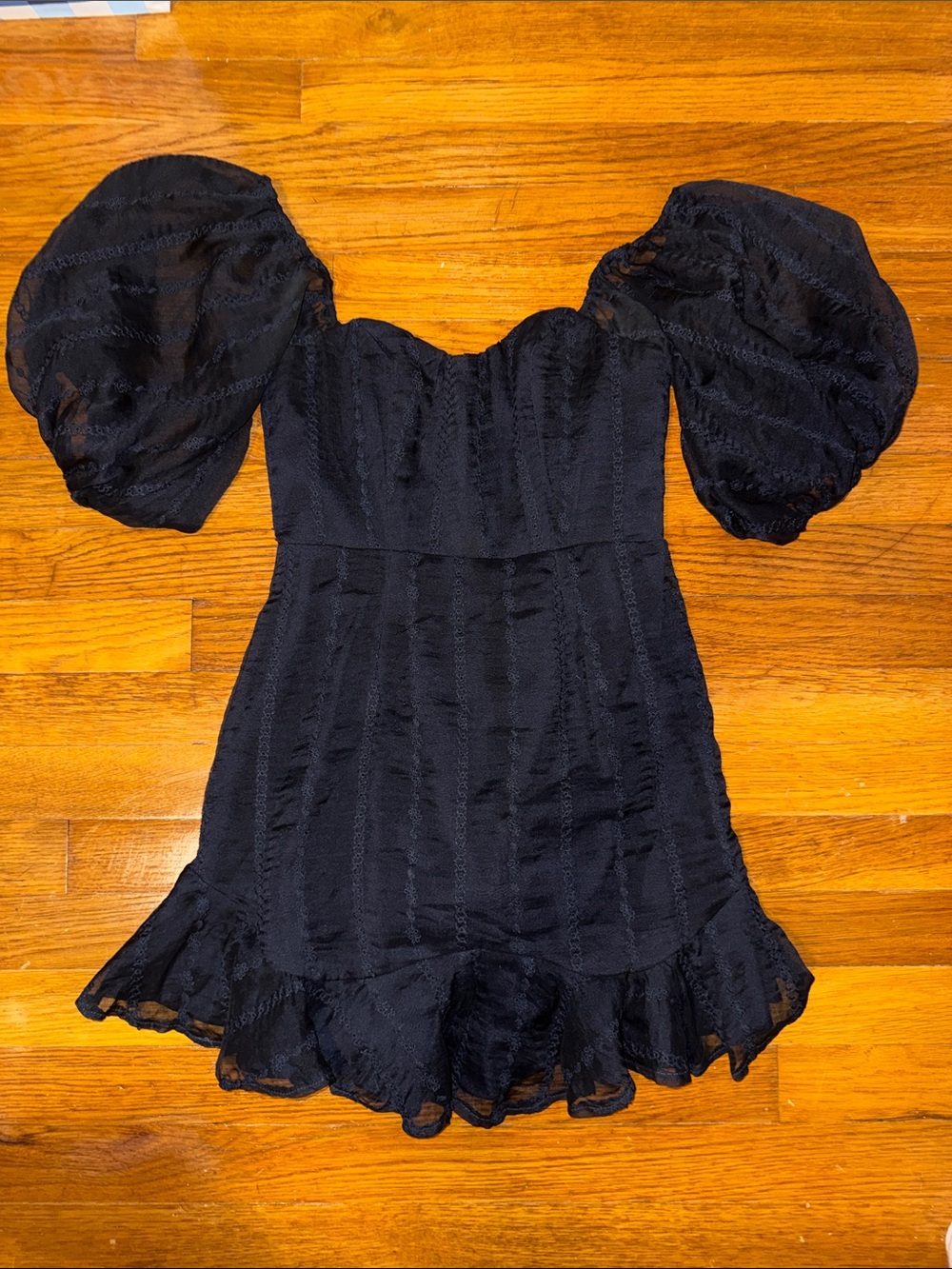 Selfie Leslie Navy Puff-Sleeve Formal Dress with Ruffled Hem
